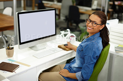 Buy stock photo Blank space, computer screen and portrait of woman in office for startup business review online. Confident, technology and customer experience manager with mockup for positive feedback on company