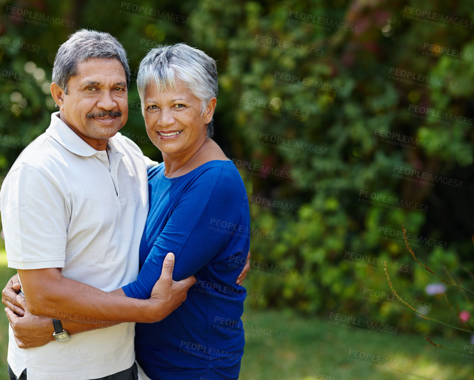 Buy stock photo Hug, bonding and smile with portrait of old couple in nature for romance, love or support. Peace, happiness and trust with senior man and woman in park for retirement, loyalty and commitment on space