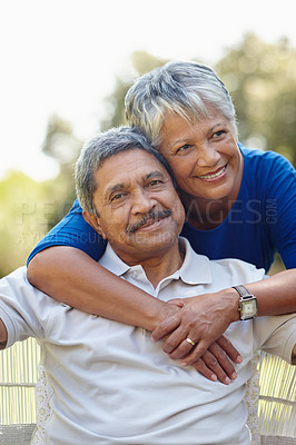 Buy stock photo Hug, smile and bonding with old couple in nature for romance, love or support. Peace, happiness and trust with senior man and woman at home in garden for retirement, loyalty and commitment together
