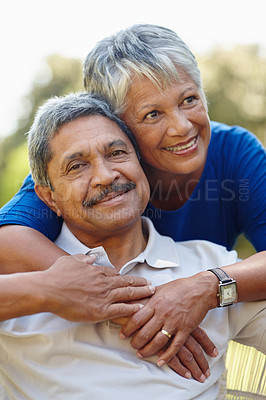 Buy stock photo Hug, smile and relax with old couple in nature for romance, love or support. Portrait, happiness and trust with senior man and woman at home in garden for retirement, loyalty and commitment together