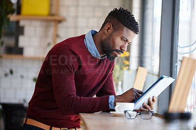 Buy stock photo Business, remote work and tablet with black man in coffee shop for blogging or online research. App, email and social media with customer at internet cafe or restaurant for freelance web development