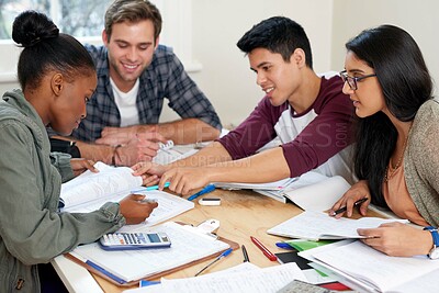 Buy stock photo Group, students and studying in university for learning, knowledge and math test preparation. College team, friends and happy people writing notes for information, education and help in classroom