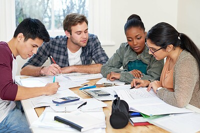 Buy stock photo Team, students and reading book in college for education, knowledge or brainstorming together. University, group and people writing notes for information, learning and help for math exam in class