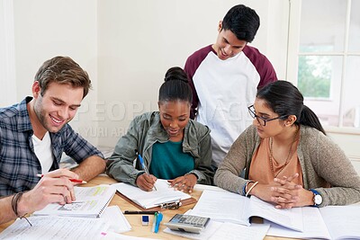 Buy stock photo Team, students and writing notes in university for learning, knowledge or brainstorming together. College, friends and happy people studying for information, education and help for math exam in class