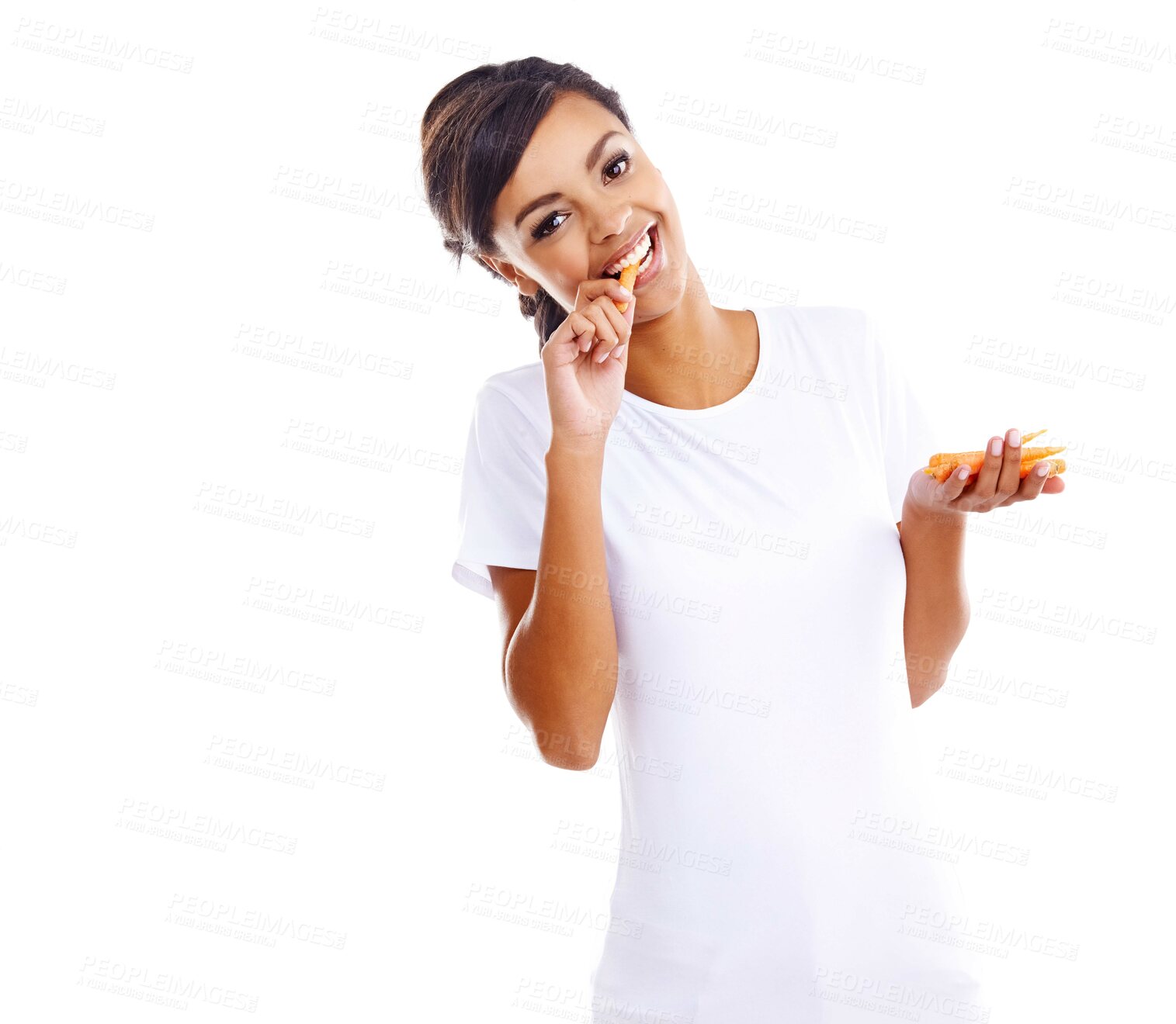 Buy stock photo Young woman, health and eating carrot for nutrition, wellness and balanced diet isolated in studio. Female person or model and with smile for fruit tshirt, vegan awareness and pride with organic food