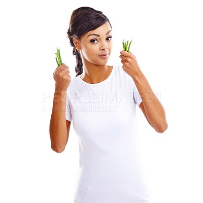 Buy stock photo African woman, backdrop and portrait for health or fashion with statement, tshirt with announcement for vegan. Female model, clothes and white background for consumer awareness, vegetables for diet