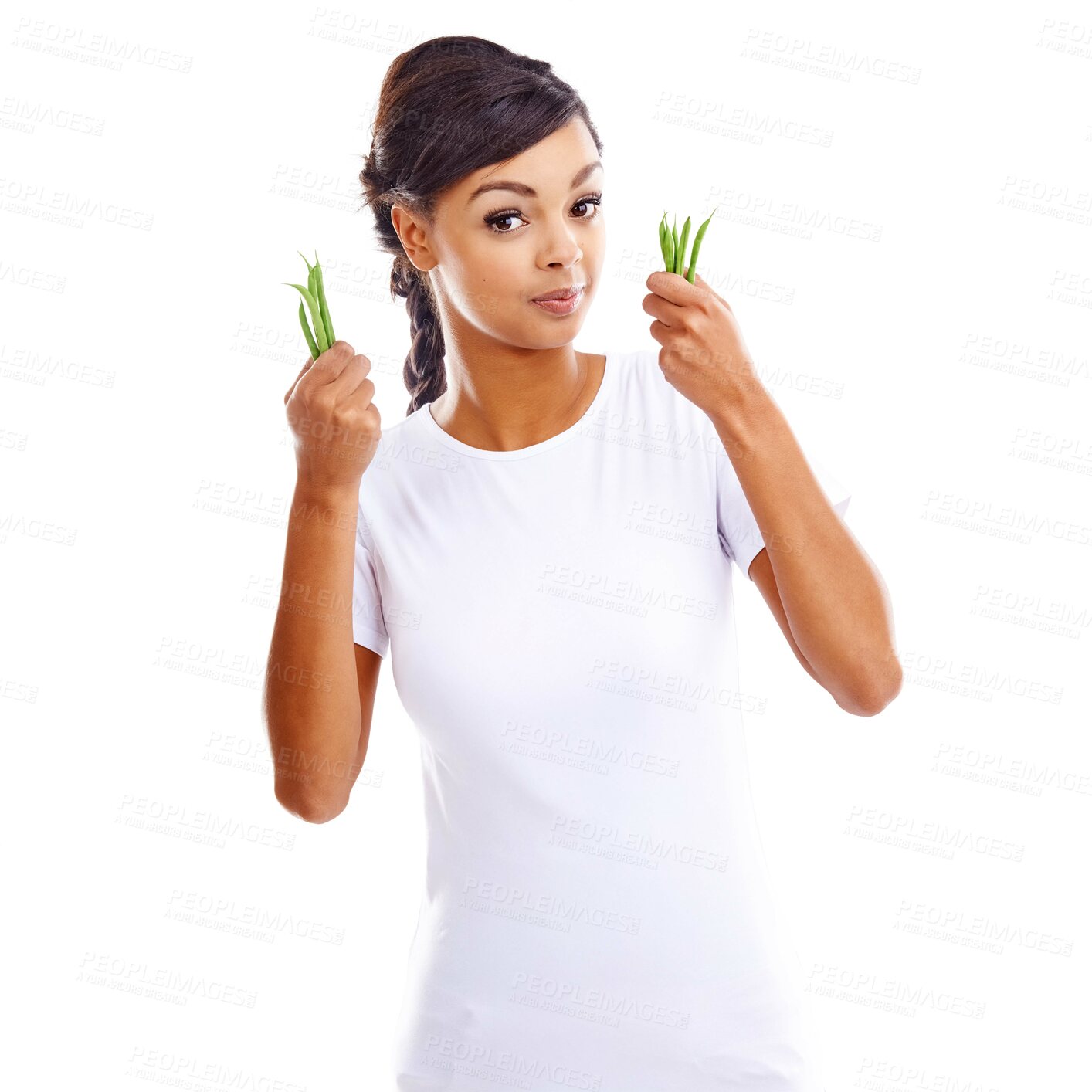 Buy stock photo African woman, backdrop and portrait for health or fashion with statement, tshirt with announcement for vegan. Female model, clothes and white background for consumer awareness, vegetables for diet