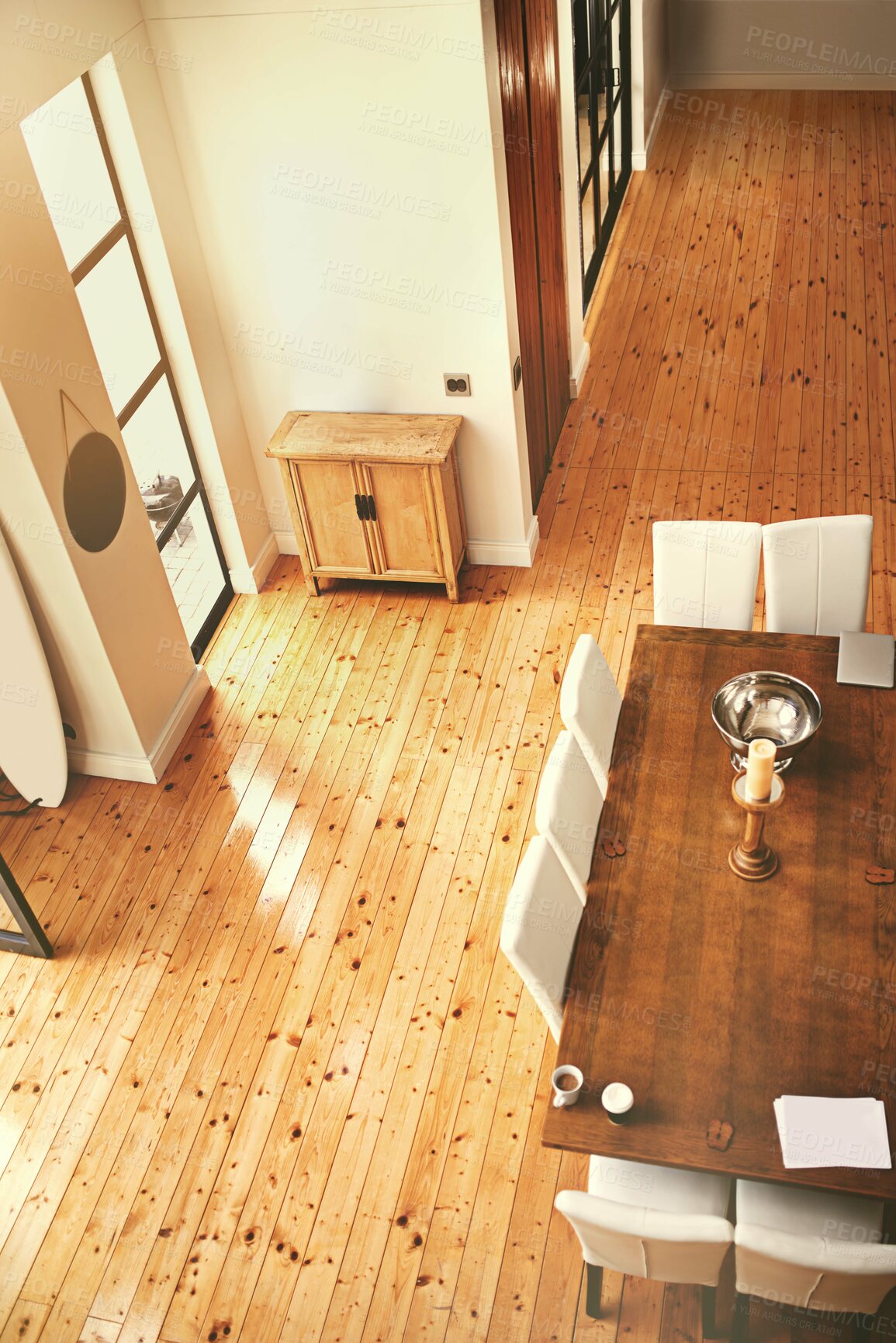 Buy stock photo Wood, contemporary and dining table for luxury with flooring in home for interior design to relax. Foyer, showcase and furniture, real estate or new house for comfort with space in classy kitchen
