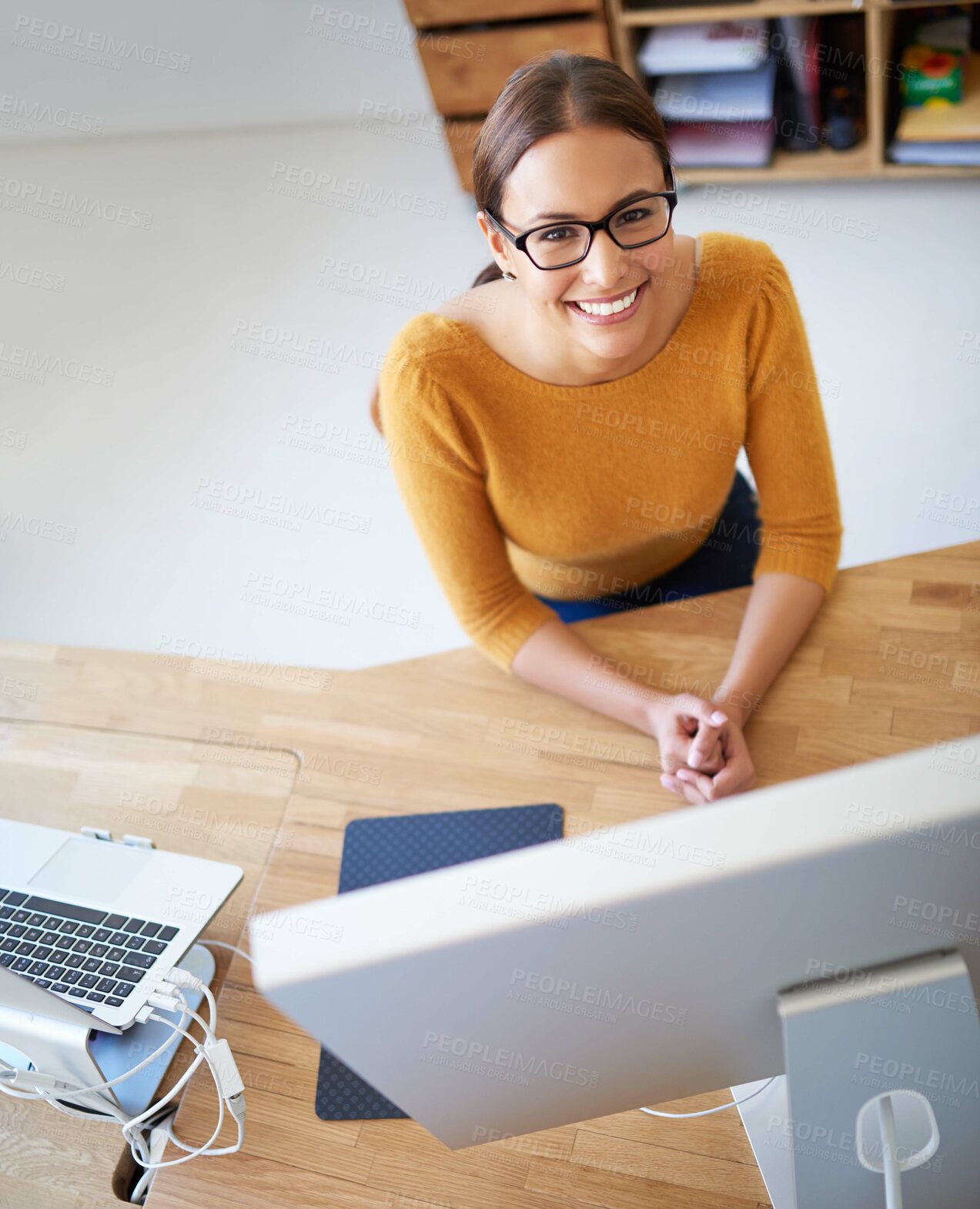 Buy stock photo Happy woman, glasses and portrait in office for small business, development and productivity at tech. Web designer, smile and computer in creative agency for networking, connectivity and creativity