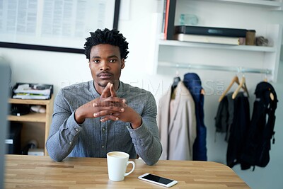 Buy stock photo Boutique, black man and confidence in portrait for fashion, manufacturing and clothes production. Workshop, business person and designer with startup for creative textile, serious or seller in office