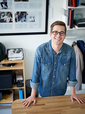 Buy stock photo Retail, businessman and happy in portrait for fashion, manufacturing and clothes production. Workshop, male person and confident designer with startup for creative textile, smile and seller in office