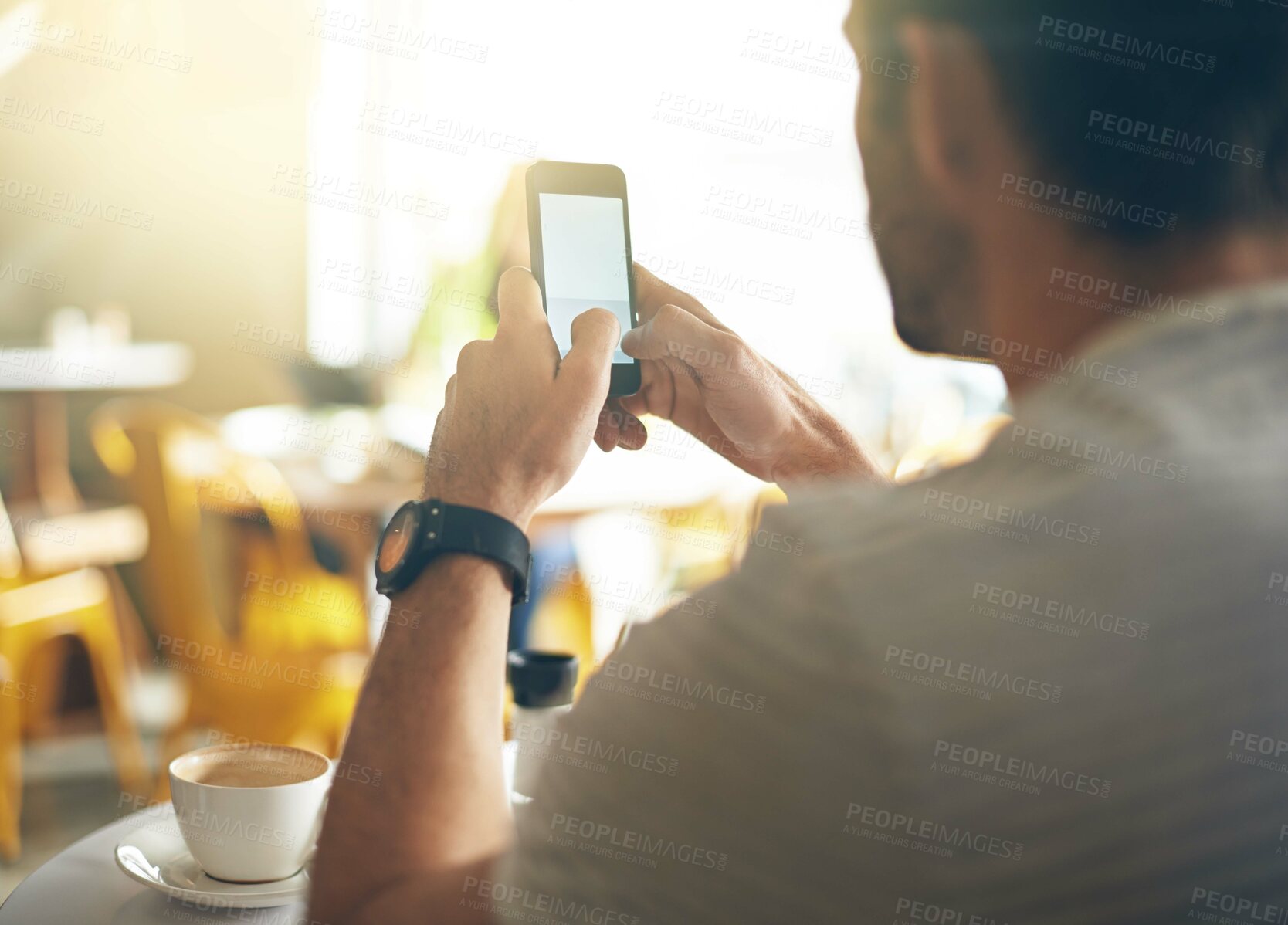 Buy stock photo Man, hands and typing with phone at coffee shop in social media, communication or networking at cafe. Closeup of male person on mobile smartphone for online chatting, texting or message at restaurant