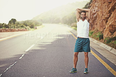 Buy stock photo Portrait, stretching and man on road with fitness, smile and commitment to workout challenge on mountain. Health, wellness and happy male runner with warm up, morning balance or outdoor exercise