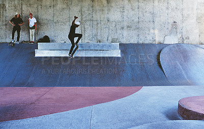 Buy stock photo Jump, skateboard and ramp with man at park for urban, extreme sports and trick flips. Street league, balance and fitness with person and skating for grind in city with youth, energy and hobby