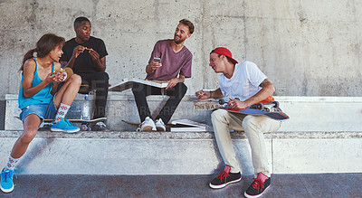 Buy stock photo Skater, friends and relax with food outdoor of pizza lunch, fitness break and bonding with takeaway. People, nutrition meal and skateboard for sports recovery, hungry and exercise performance in city