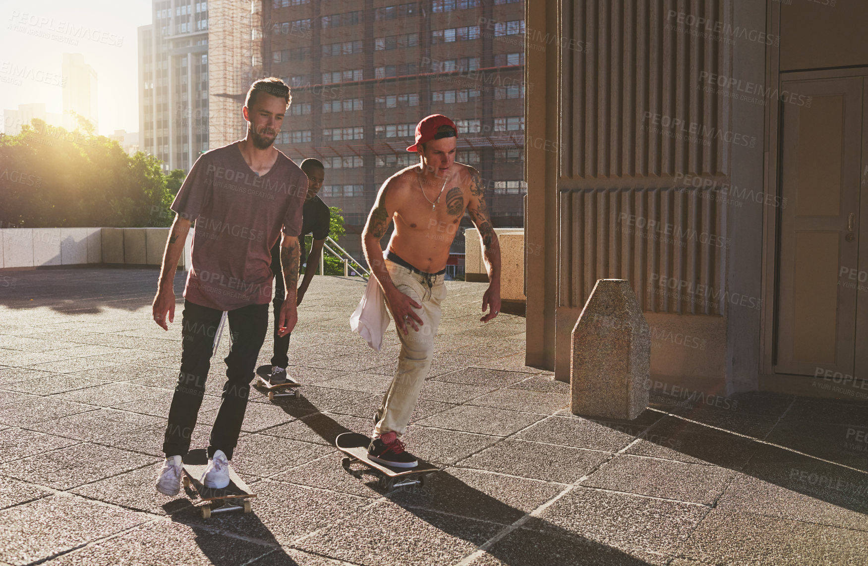 Buy stock photo Fitness, skating and friends with skateboard, group and practice for competition on road, edgy or outdoor. Training, together and people with equipment for game, urban or athlete with hobby on street