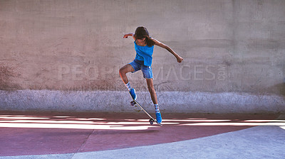 Buy stock photo Skateboard, city and girl with trick in air for jump stunt, practice and energy in New York. Woman, skater and female person with ollie flip on concrete for outdoor talent, skill competition or hobby