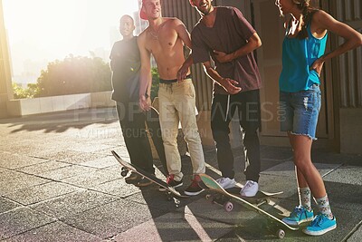 Buy stock photo Group, friends and skateboard with fitness in city for bonding together, streetwear and exercise. People, smile and gear of sports practice, activity performance and summer fun with adventure in city