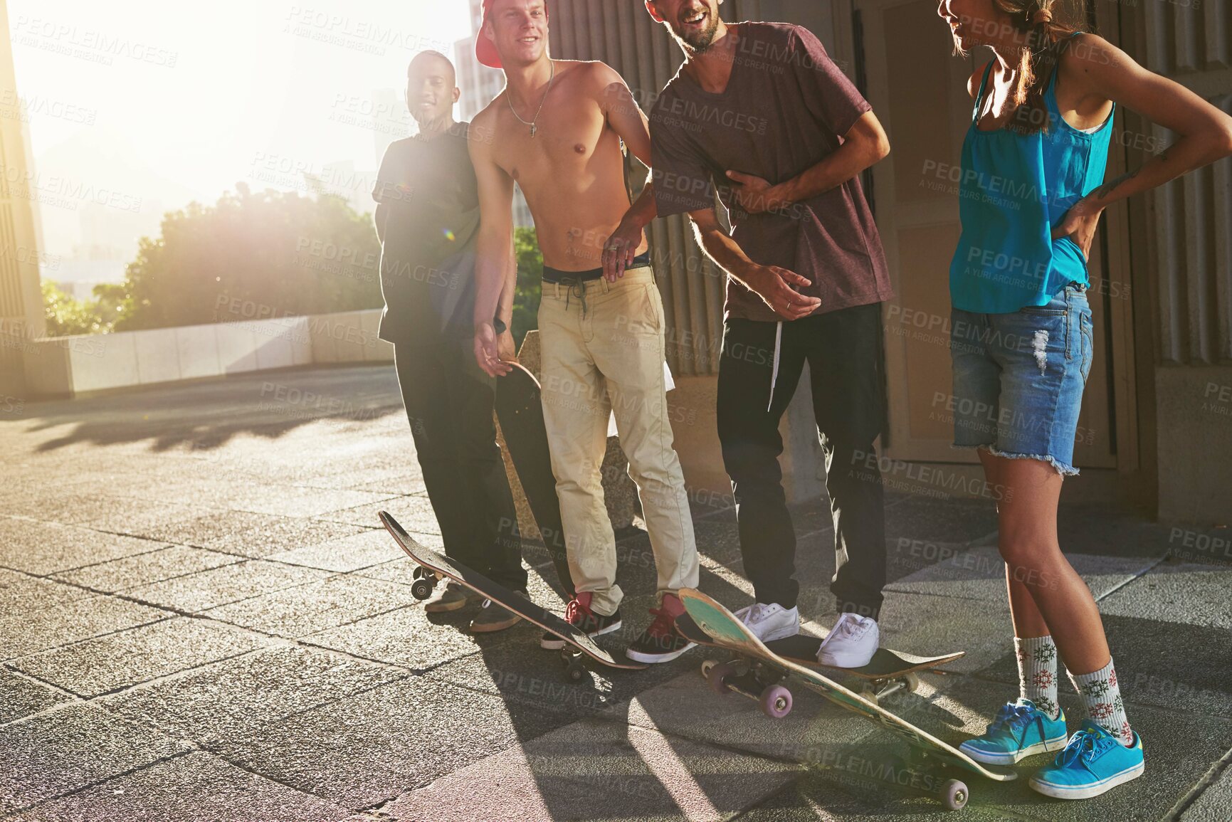 Buy stock photo Group, friends and skateboard with fitness in city for bonding together, streetwear and exercise. People, smile and gear of sports practice, activity performance and summer fun with adventure in city