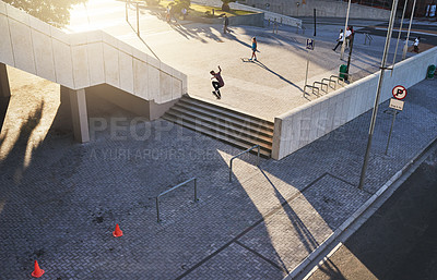 Buy stock photo Man, skateboard and city stairs for fitness, street sports and alternative transport in town. Jump, steps and person for urban adventure on weekend, practice trick and outdoor training for stunt