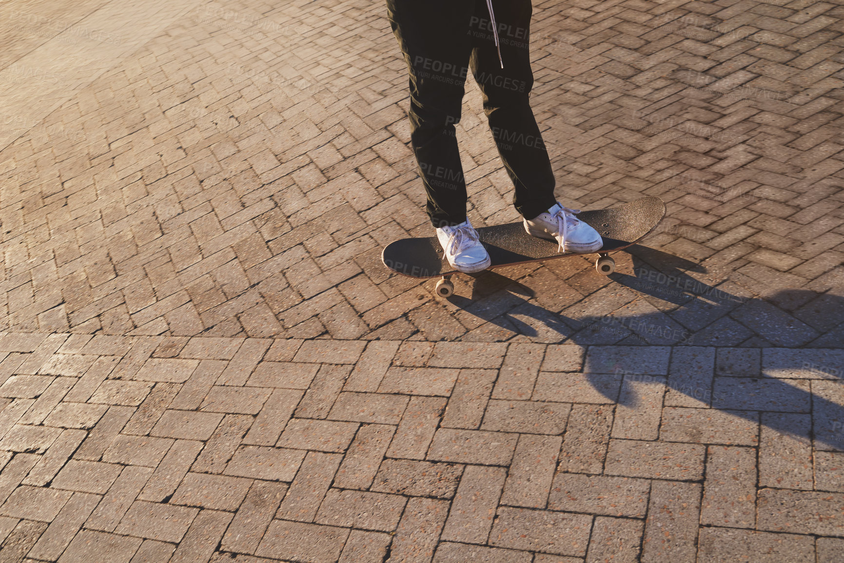 Buy stock photo Man, legs and skateboard in city for fitness, street sports and alternative transport in town. Skill, riding and person for urban adventure on weekend, practice hobby and outdoor training on road
