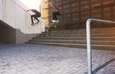 Buy stock photo People, skateboard and city stairs for fitness, street sports and alternative transport in town. Jump, steps and men for urban adventure on weekend, practice trick and outdoor training for stunt