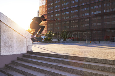 Buy stock photo Man, skateboard and city stairs for exercise, street sports and alternative transport in town. Jump, steps and person for urban adventure on weekend, practice trick and outdoor training for stunt