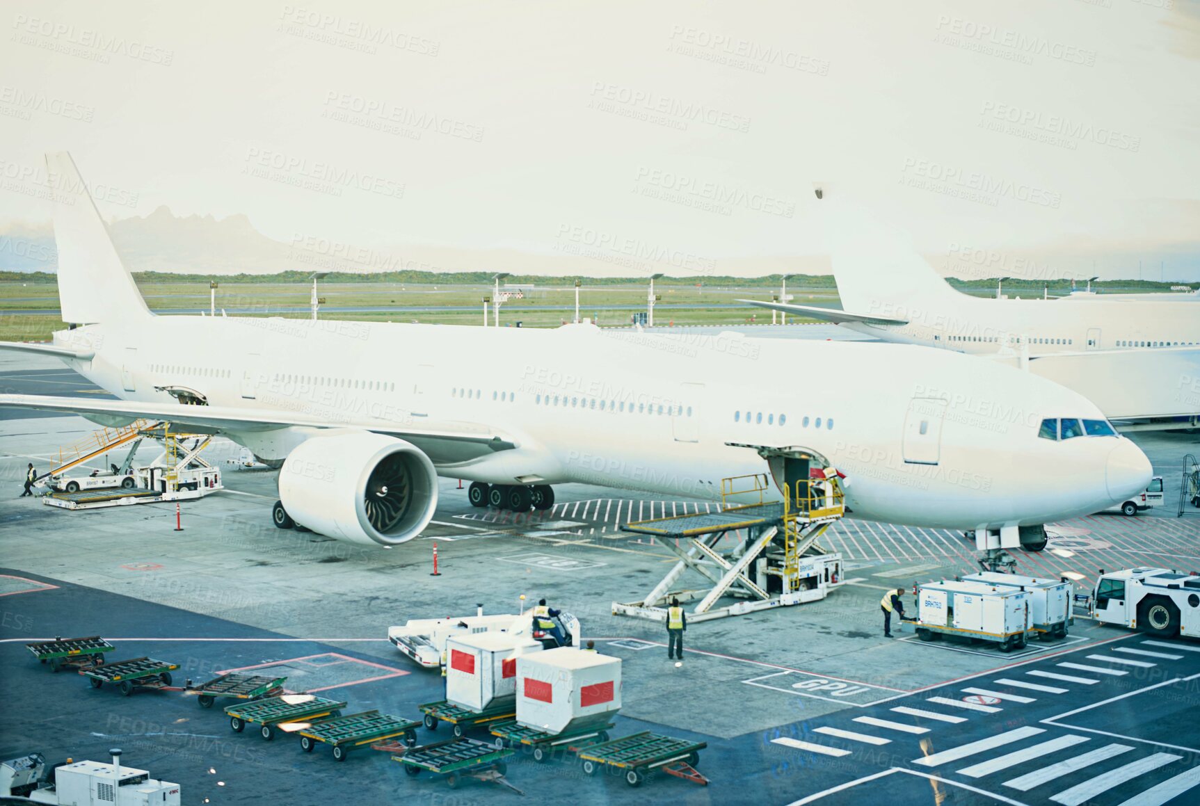 Buy stock photo Airplane, outdoor and transport for travel, international and aircraft for tourism, journey and long distance. Airport, holiday and commercial flight for adventure, people and fly for trip abroad