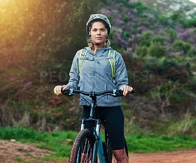 Buy stock photo Thinking, woman and mountain bike in nature, fitness and cycling sports for adventure on path. Female person, athlete and bicycle for exercise in outdoors, workout and training for off road marathon