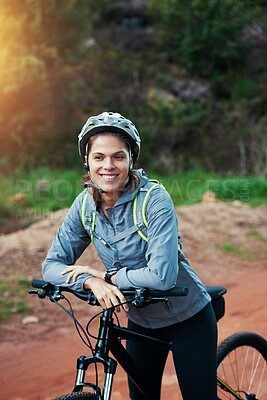 Buy stock photo Path, woman and mountain bike in nature, fitness and cycling sports for adventure on dirt. Female person, athlete and bicycle for exercise in outdoors, workout and training for off road competition