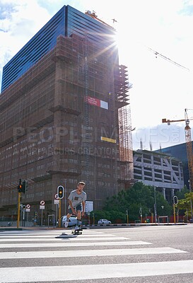 Buy stock photo Man, street and skateboard on crosswalk in city, low angle and outdoor for adventure in summer. Person, skater and board for extreme sport, fitness and travel with balance on urban road in Australia