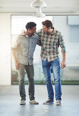 Buy stock photo Laughing, hug and business men in office with support for collaboration, partnership or teamwork. Lens flare, event planning and employees with embrace in workspace for conversation, trust or unity