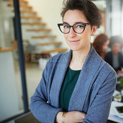 Buy stock photo Business woman, smile and portrait in coworking space for career, company planning and project management. Mature female person or editor and confident for job in organisation for profession


