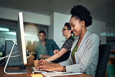 Buy stock photo Smile, computer and black woman typing in office for creative research with project online. Happy, technology and African female copywriting editor working on web design on desktop in workplace.
