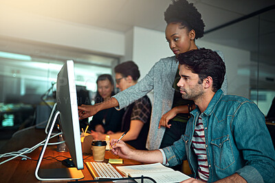 Buy stock photo Diversity, designers and office for computer, collaboration and employees. Support, pc and technology or planning, colleagues and showing for training, internet and tech in mentor and coaching