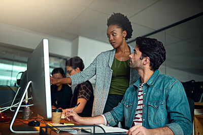 Buy stock photo Business people, teamwork or collaboration planning in creative agency for project, information or research. Man, woman and diversity of employees with pc for feedback, communication and mentorship