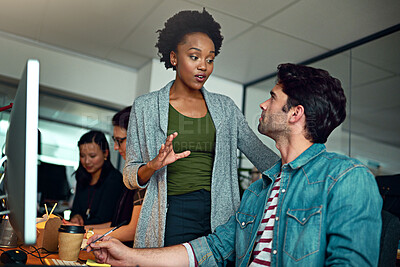 Buy stock photo Business people, computer and collaboration planning in creative agency for project, information or research. Man, woman and diversity of employees with pc for feedback, communication and mentorship