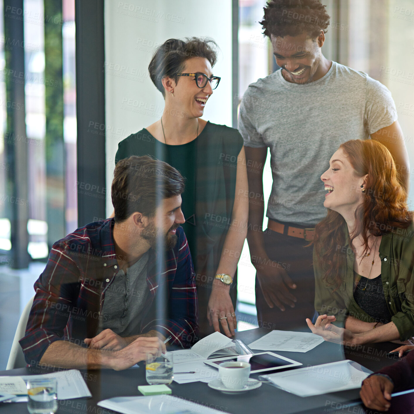 Buy stock photo Laughing, startup or tablet for designers in meeting for online website, research or strategy in office. Document, planning or funny staff with teamwork, collaboration or creative ideas on technology
