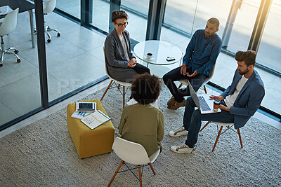 Buy stock photo Business people, top view or laptop for startup meeting for online website, research or discussion. Development, talk or designers in office for teamwork, collaboration or creative idea on technology