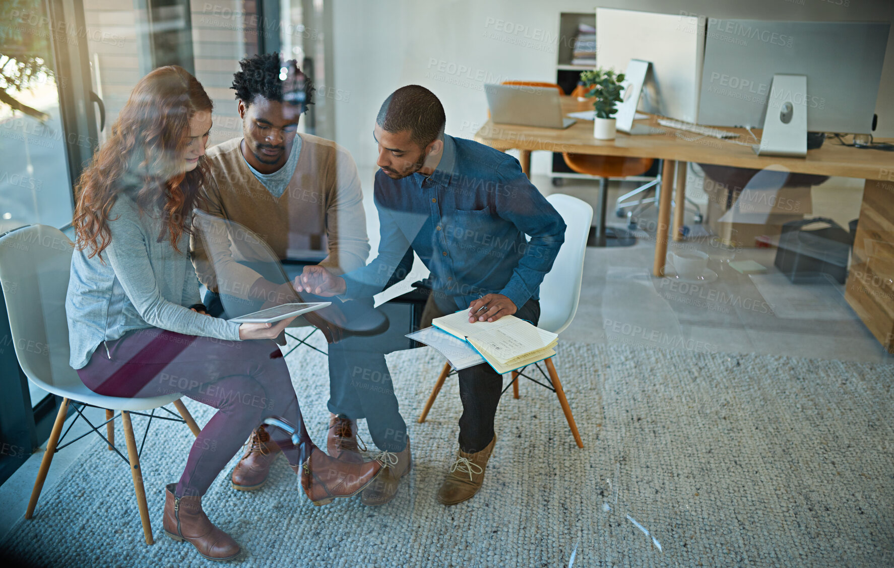 Buy stock photo Business people, diversity or tablet for designers in startup for online website, research and meeting. Document, plan or staff in office for teamwork, collaboration or creative ideas on technology