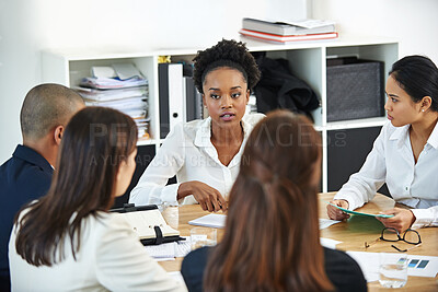Buy stock photo Business people, meeting and talking with documents for finance with annual strategy, statistics and planning. Teamwork, paperwork or diversity with discussion, brainstorming or infographic in circle