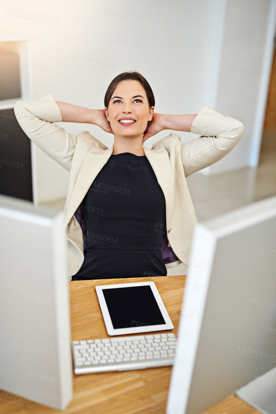 Buy stock photo Business woman, relax and stretching at office desk for results, success and confidence in legal career. Professional lawyer or attorney on break, done or thinking of future job, case or opportunity