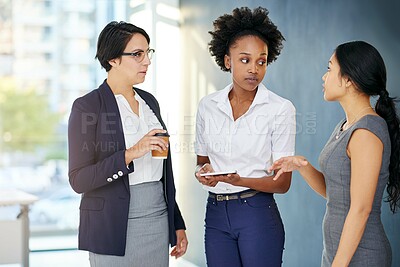 Buy stock photo Employee, women and conversation at office for meeting with teamwork or collaboration on project. Diversity, discussion and chat in startup company for creativity with report, feedback and share idea