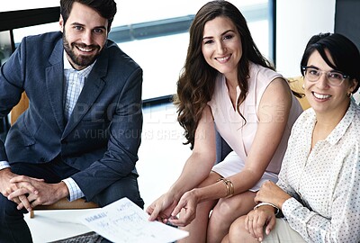 Buy stock photo Business, people and happy in office with documents for teamwork, collaboration and plan as accountant. Employee, portrait and smile for financial reviews, records and auditing with company accounts