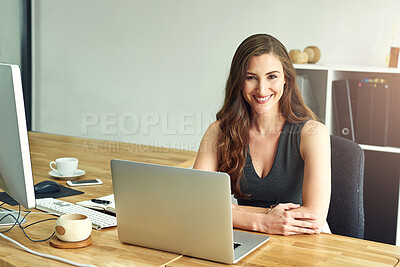 Buy stock photo Portrait, woman and laptop by desk for corporate career with notebook, check email and reading online news. Female consultant, notes and tech in modern office for smile, connection and client advice