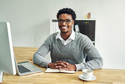 Buy stock photo Portrait, businessman and laptop with notebook in office as Software developer for research or information for project growth. Smile, male person and creative with ideas or planning on digital tech
