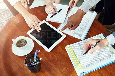 Buy stock photo Paperwork, hands and tablet in workplace with spreadsheet, notebook and teamwork at desk for research. Collaboration, strategy and meeting for data analysis, company finance and business investment