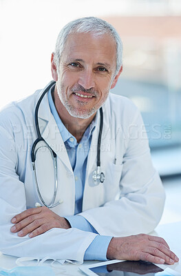 Buy stock photo Portrait, confident and mature doctor with tablet in clinic for research, information and treatment. Healthcare, technology and stethoscope in hospital for connection, medical care and happiness