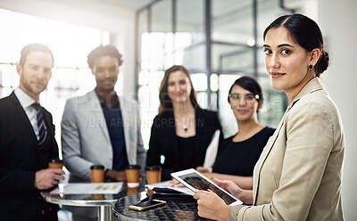 Buy stock photo Woman, business and meeting with tablet in office for portrait or workshop for coaching with collaboration. Team, man and digital technology with support for planning or idea of project proposal