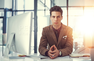 Buy stock photo Portrait, computer and serious with business man in office for lawyer, legal research and client law case. Attorney, advocacy policy and with person for email, pride and planning with lens flare